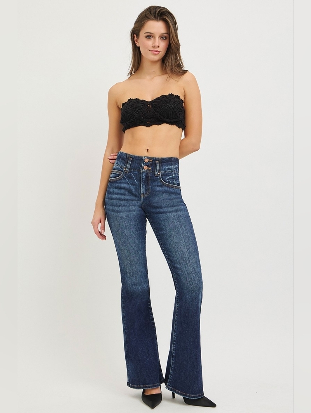 RISEN HR Dark Wash Flare Jeans Double Button Waist Detail Trouser Various NEW